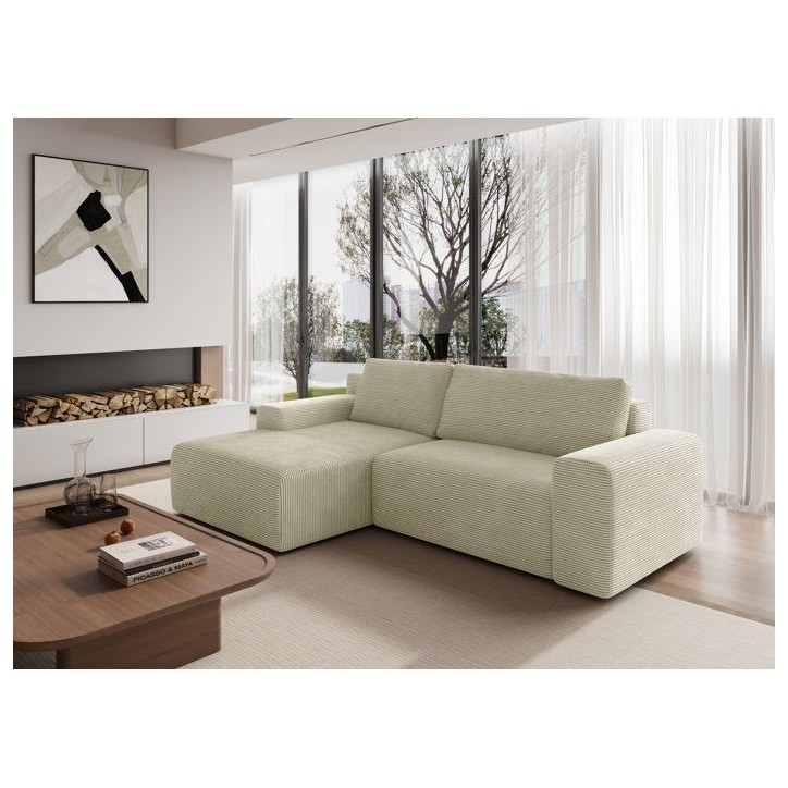 Canapé d'angle convertible réversible - 5 places - BOMBEY - Velours côtelé Creme - 264 x 162 x 85 cm