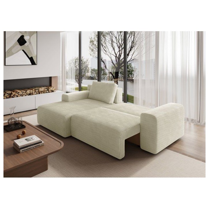 Canapé d'angle convertible réversible - 5 places - BOMBEY - Velours côtelé Creme - 264 x 162 x 85 cm