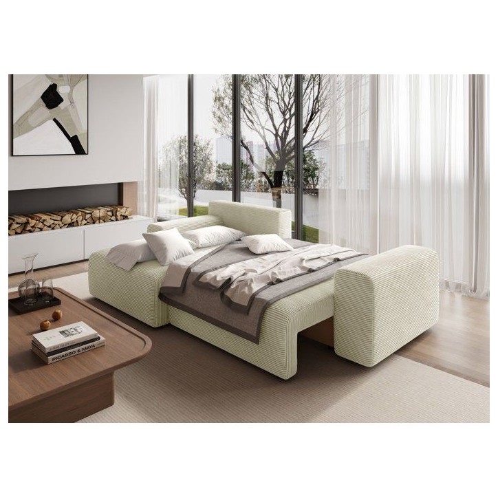 Canapé d'angle convertible réversible - 5 places - BOMBEY - Velours côtelé Creme - 264 x 162 x 85 cm