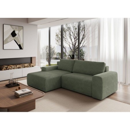 Canapé d'angle convertible réversible - 5 places - BOMBEY - Velours côtelé Vert - 264 x 162 x 85 cm