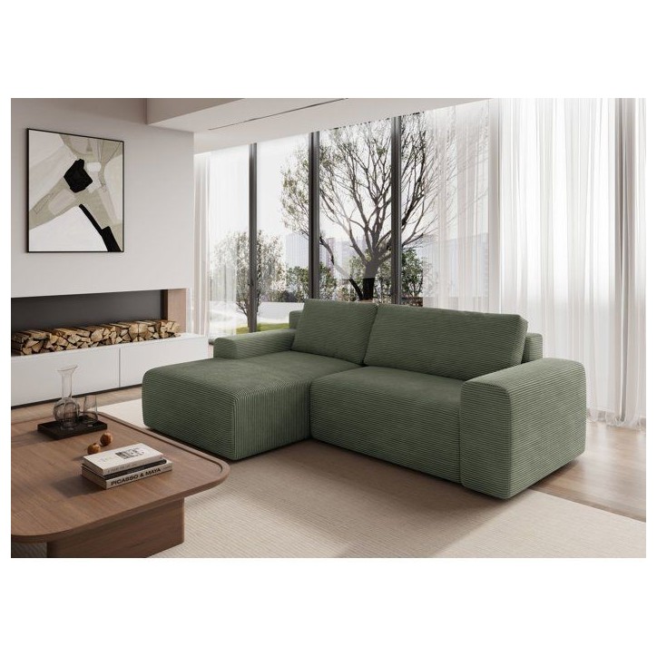 Canapé d'angle convertible réversible - 5 places - BOMBEY - Velours côtelé Vert - 264 x 162 x 85 cm Canapé d'angle convertible réversible - 5 places - BOMBEY - Velours côtelé Vert - 264 x 162 x 85 cm