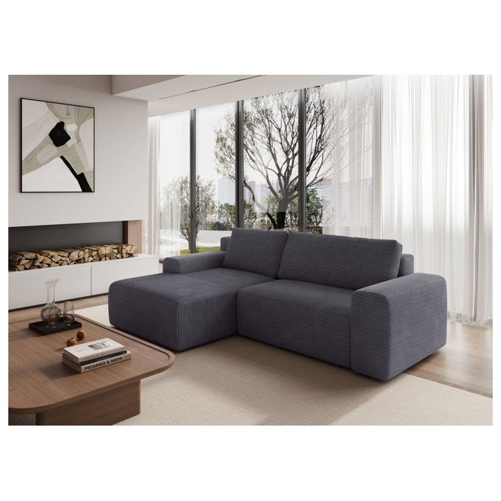 Canapé d'angle convertible réversible - 5 places - BOMBEY - Velours côtelé Gris anthracite - 264 x 162 x 85 cm