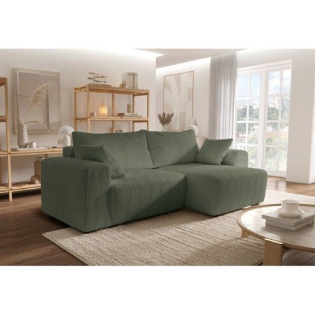 Canapé d'angle convertible - 4 places - BOBO - Velours côtelé Vert - 244 x 138 x 86 cm