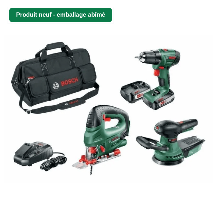 [Produit neuf - emballage abîmé] Pack 3 outils sans-fil 18V Bosch - Perceuse + scie sauteuse + ponceuse excentrique