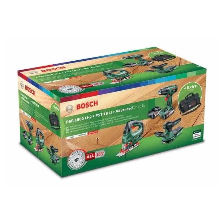 [Produit neuf - emballage abîmé] Pack 3 outils sans-fil 18V Bosch - Perceuse + scie sauteuse + ponceuse excentrique