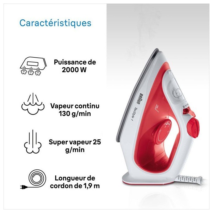 Fer vapeur - BRAUN - SI1019RD - Anti-calcaire - Débit vapeur 25 g/min Fer vapeur - BRAUN - SI1019RD - Anti-calcaire - Débit vapeur 25 g/min