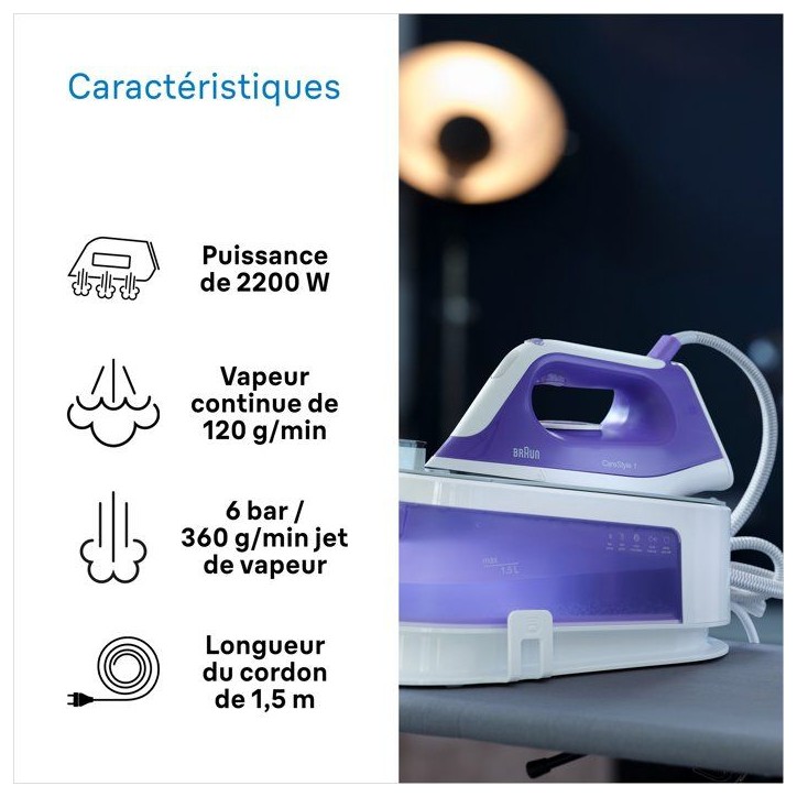 Centrale vapeur CareStyle 1 - BRAUN - IS1014VI - 6 bar - 1,5 L - Violet / Blanc Centrale vapeur CareStyle 1 - BRAUN - IS1014VI - 6 bar - 1,5 L - Violet / Blanc