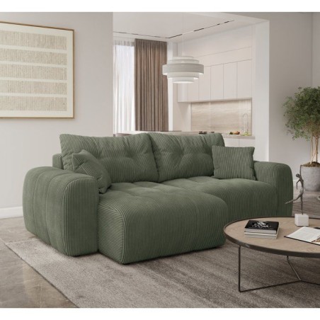 Canapé d'angle convertible - 4 places - BRANDON - Velours côtelé Vert - 242 x 144 x 86 cm