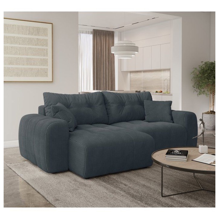 Canapé d'angle convertible - 4 places - BRANDON - Velours côtelé Gris anthracite - 242 x 144 x 86 cm