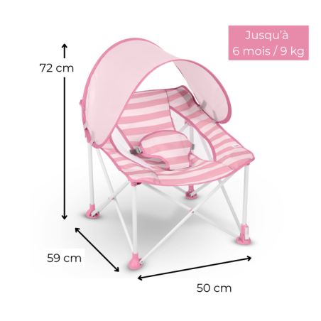BRIGHT STARS Transat bébé pliable Rose Pop 'N Chill, pare soleil SPF +50 et sac de transport inclus