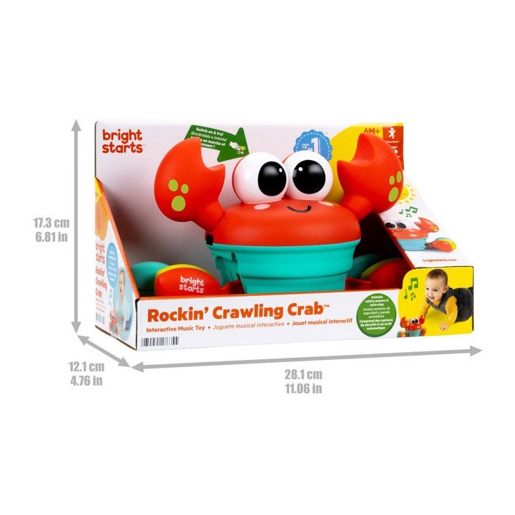 BRIGHT STARTS Crabe qui marche, Jouet bébé 6M+, jouet musical, jouet de motricité globale et fine, capteurs a obstacle, rouge
