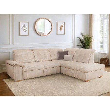 Canapé d'angle convertible - BUNNY - Velours côtelé Beige - Coffre - 261 x 212 x 104 cm