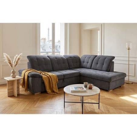 Canapé d'angle convertible - BUNNY - Velours côtelé Anthracite - Coffre - 261 x 212 x 104 cm
