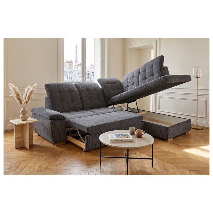 Canapé d'angle convertible - BUNNY - Velours côtelé Anthracite - Coffre - 261 x 212 x 104 cm Canapé d'angle convertible - BUNNY - Velours côtelé Anthracite - Coffre - 261 x 212 x 104 cm