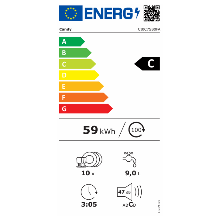 Lave-vaisselle tout encastrable CANDY CI0C7SB0FA - 10 couverts - L45cm - Classe C - slim – Speed Drive – Wifi - Ouverture Au