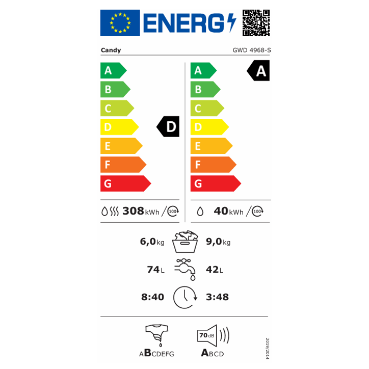 Lave-linge séchant CANDY GWD 4968-S - ProWash&Dry 300 - 9/6 kg - Induction - 1400trs/min - Classe D - Blanc