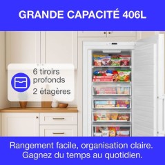 Congélateur armoire 406L -Total No Frost - dégivrage automatique - Classe E - L70 cm x H191 cm x P75,5 cm - Blanc