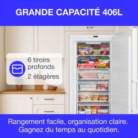 Congélateur armoire 406L -Total No Frost - dégivrage automatique - Classe E - L70 cm x H191 cm x P75,5 cm - Blanc