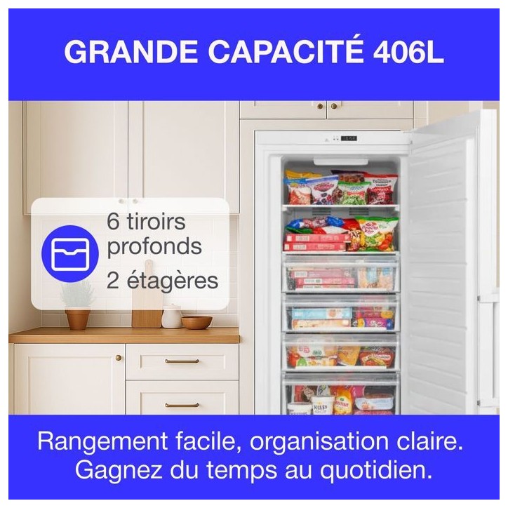 Congélateur armoire 406L -Total No Frost - dégivrage automatique - Classe E - L70 cm x H191 cm x P75,5 cm - Blanc