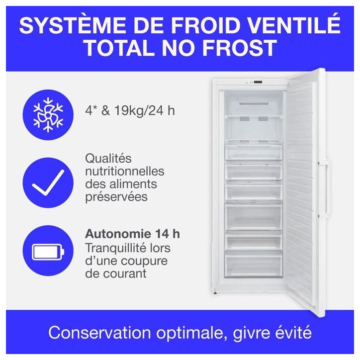 Congélateur armoire 406L -Total No Frost - dégivrage automatique - Classe E - L70 cm x H191 cm x P75,5 cm - Blanc