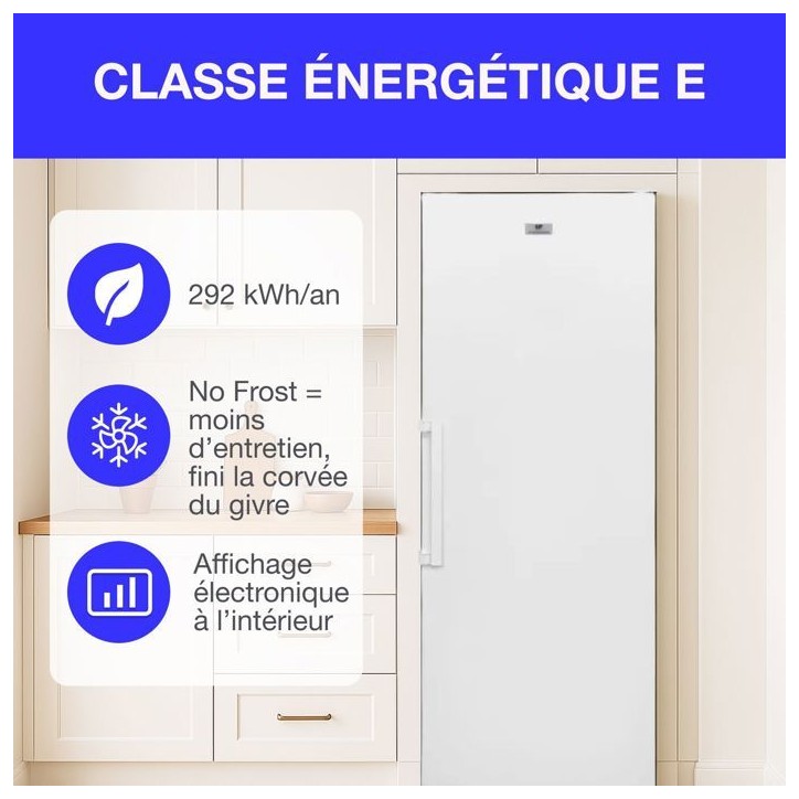 Congélateur armoire 406L -Total No Frost - dégivrage automatique - Classe E - L70 cm x H191 cm x P75,5 cm - Blanc