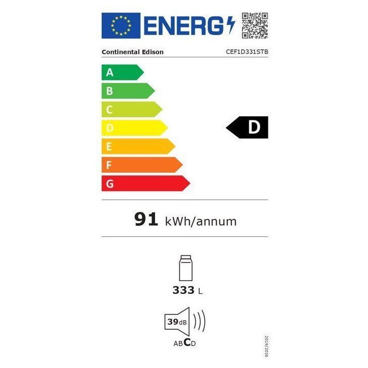 Réfrigérateur - CONTINENTAL EDISON - 1 porte - 333 L - Froid statique - Classe D - L 60 x P 59 x H 172,5 cm - Noir