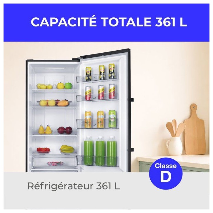Réfrigérateur - CONTINENTAL EDISON - 1 porte - 361 L - Total No Frost (Sans givre) - Classe D - L 60 x P 66 x H 185 cm - Noir Réfrigérateur - CONTINENTAL EDISON - 1 porte - 361 L - Total No Frost (Sans givre) - Classe D - L 60 x P 66 x H 185 cm - Noir