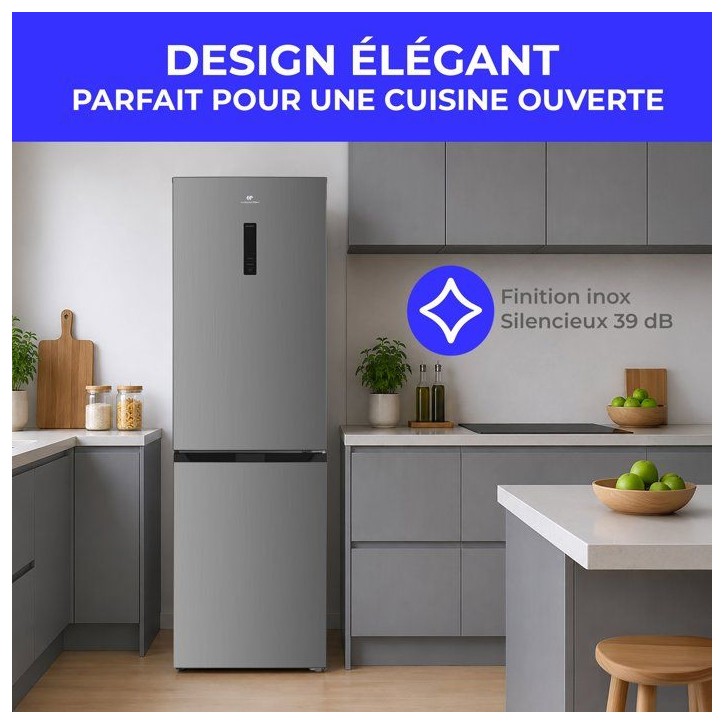 Réfrigérateur congélateur bas - CONTINENTAL EDISON - CEFC323NFIX - Classe D - Total No Frost - 323 L - 60 x 68,5 x 185 cm - S