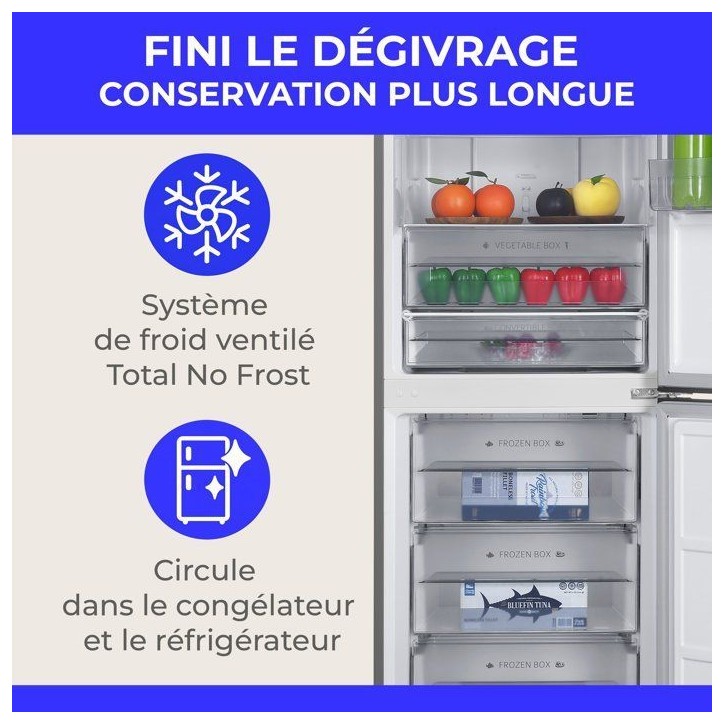 Réfrigérateur congélateur bas - CONTINENTAL EDISON - CEFC323NFIX - Classe D - Total No Frost - 323 L - 60 x 68,5 x 185 cm - S