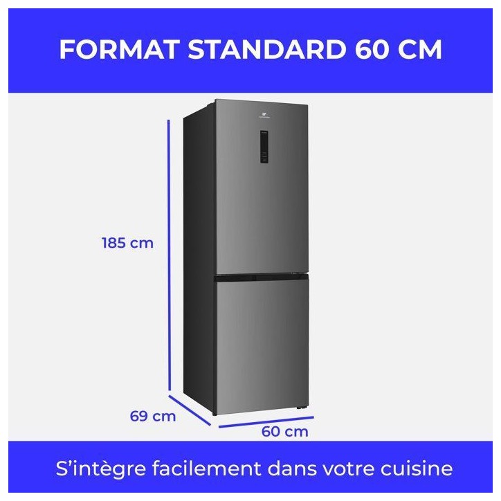 Réfrigérateur congélateur bas - CONTINENTAL EDISON - CEFC323NFIX - Classe D - Total No Frost - 323 L - 60 x 68,5 x 185 cm - S