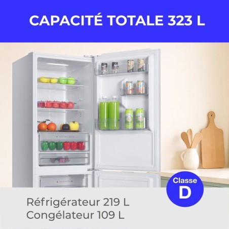 Réfrigérateur congélateur bas - CONTINENTAL EDISON - CEFC323NFW - Classe D - Total No Frost - 323 L - 60 x 68,5 x 185 cm - Bl