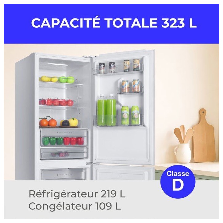 Réfrigérateur congélateur bas - CONTINENTAL EDISON - CEFC323NFW - Classe D - Total No Frost - 323 L - 60 x 68,5 x 185 cm - Bl