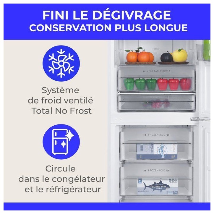 Réfrigérateur congélateur bas - CONTINENTAL EDISON - CEFC323NFW - Classe D - Total No Frost - 323 L - 60 x 68,5 x 185 cm - Bl