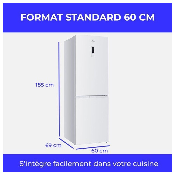 Réfrigérateur congélateur bas - CONTINENTAL EDISON - CEFC323NFW - Classe D - Total No Frost - 323 L - 60 x 68,5 x 185 cm - Bl