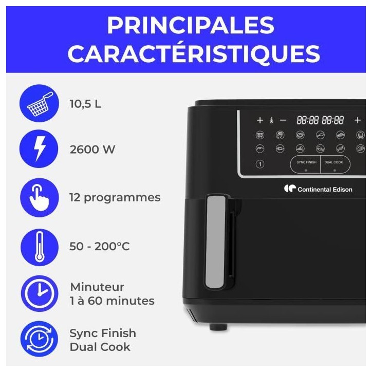 Friteuse a air sans huile - CONTINENTAL EDISON - CEFR2400TB - 2600 W - 10,5 L - Noir Friteuse a air sans huile - CONTINENTAL EDISON - CEFR2400TB - 2600 W - 10,5 L - Noir
