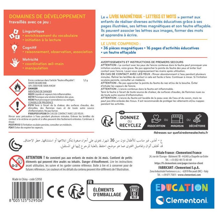 CLEMENTONI - Livre magnétique - Lettres et mots