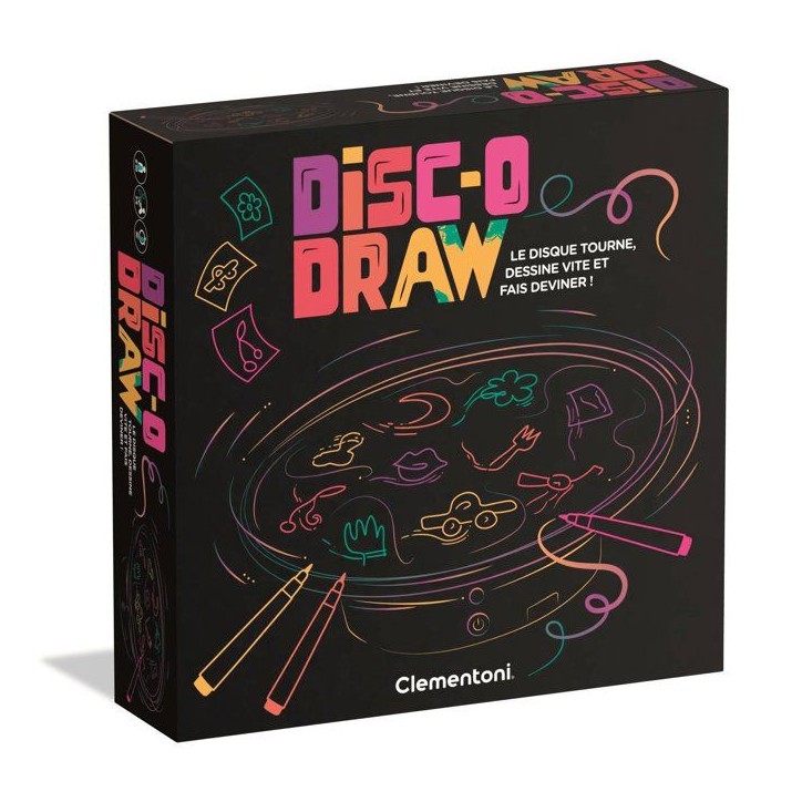 Disc'o Draw - Clementoni - Jeu d'ambiance - Dessine pendant que le disque tourne - Jeu en famille - 3 a 6 joueurs - Des 8 ans