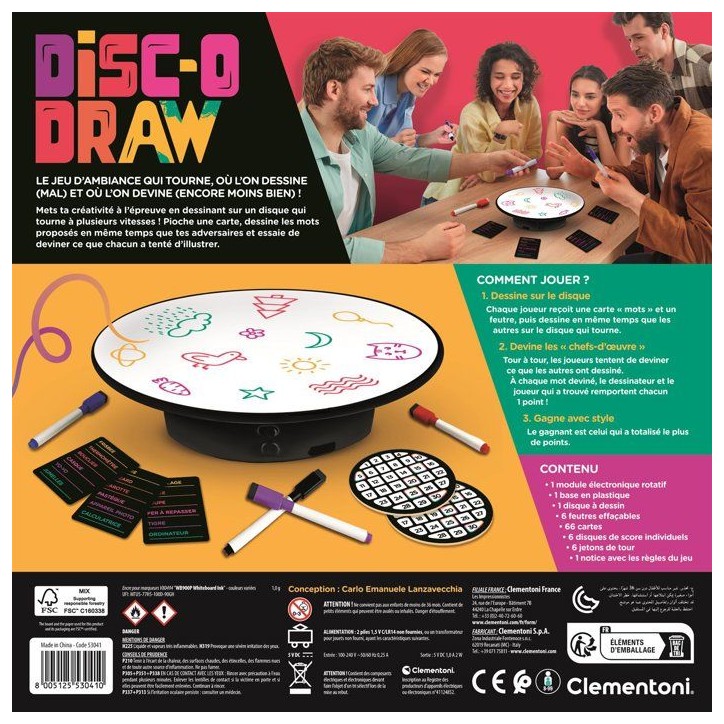 Disc'o Draw - Clementoni - Jeu d'ambiance - Dessine pendant que le disque tourne - Jeu en famille - 3 a 6 joueurs - Des 8 ans