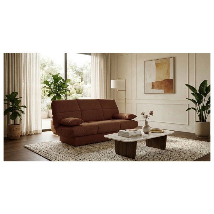 Banquette clic-clac - 3 places - Avec coussins - Tissu Terracotta -190 x 90 x 92 cm - CLEM Banquette clic-clac - 3 places - Avec coussins - Tissu Terracotta -190 x 90 x 92 cm - CLEM