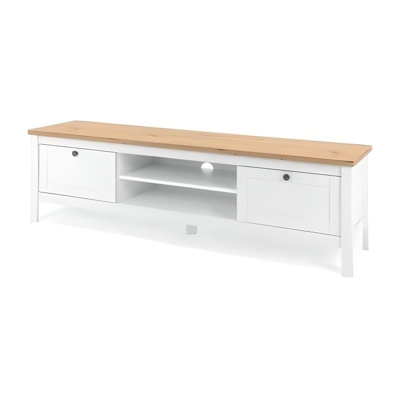 Meuble TV 2 tiroirs - Décor chene artisan et blanc - L 160 x P 45 x H