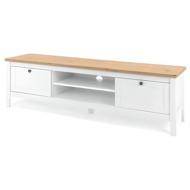 Meuble TV 2 tiroirs - Décor chene artisan et blanc - L 160 x P 45 x H 40 cm - BERGEN