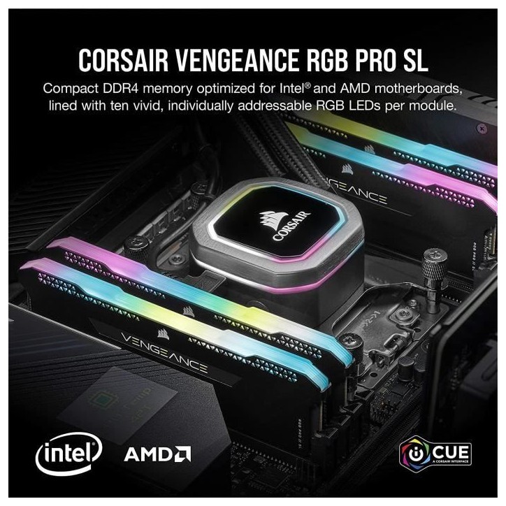 Mémoire RAM - CORSAIR - Vengeance RGB Pro SL DDR4 - 32GB 2x16GB DIMM - 3200 MHz - CL16 - 1.35V - Noir (CMH32GX4M2E3200C)
