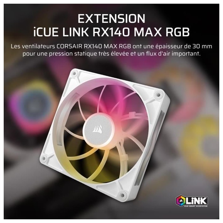 Refroidissement PC - CORSAIR - CO-9051039-WW - Kit de démarrage ventilateurs iCUE LINK RX140 RGB Max White Single Fan Refroidissement PC - CORSAIR - CO-9051039-WW - Kit de démarrage ventilateurs iCUE LINK RX140 RGB Max White Single Fan