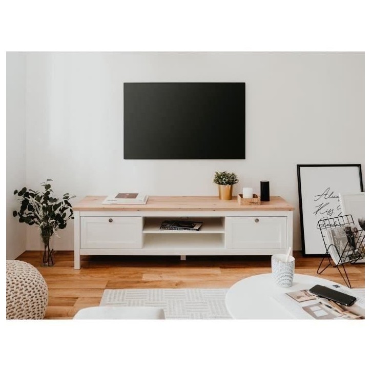 Meuble TV 2 tiroirs - Décor chene artisan et blanc - L 160 x P 45 x H 40 cm - BERGEN
