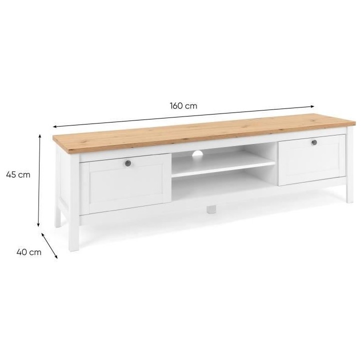 Meuble TV 2 tiroirs - Décor chene artisan et blanc - L 160 x P 45 x H 40 cm - BERGEN