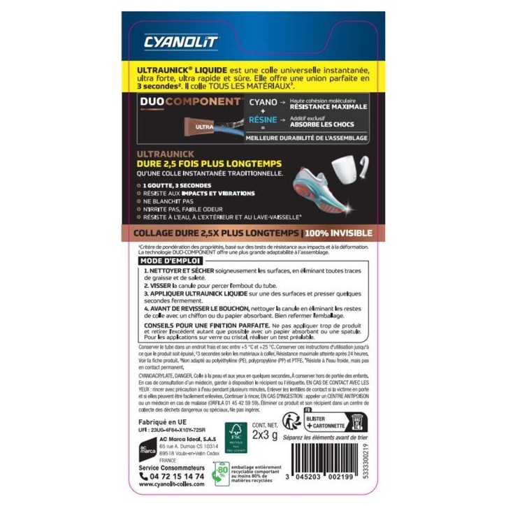 Colle universelle instantanée - CYANOLIT - ULTRA UNICK - 2x3 g - Ultra-rapide - Polyvalente
