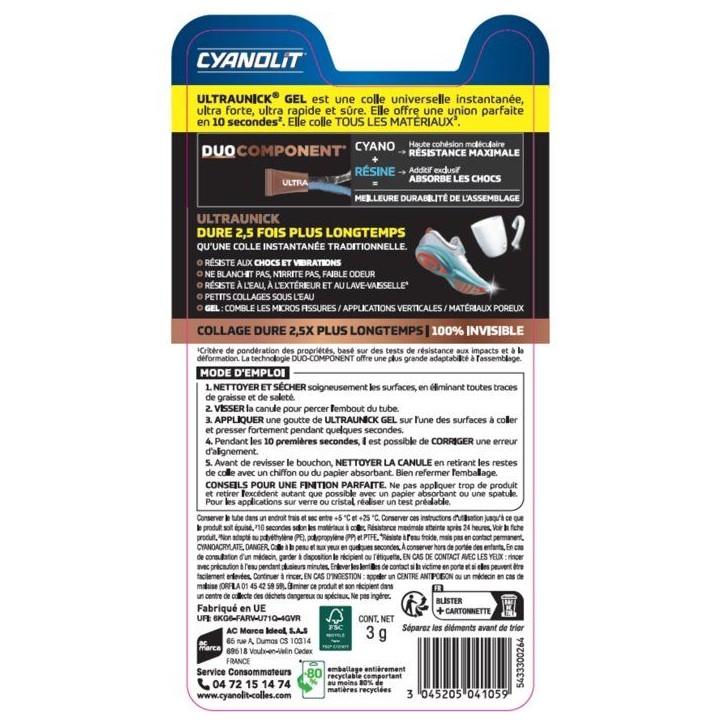 Colle universelle instantanée - CYANOLIT - ULTRA UNICK - Gel 10 g - Ultra-rapide - Polyvalente