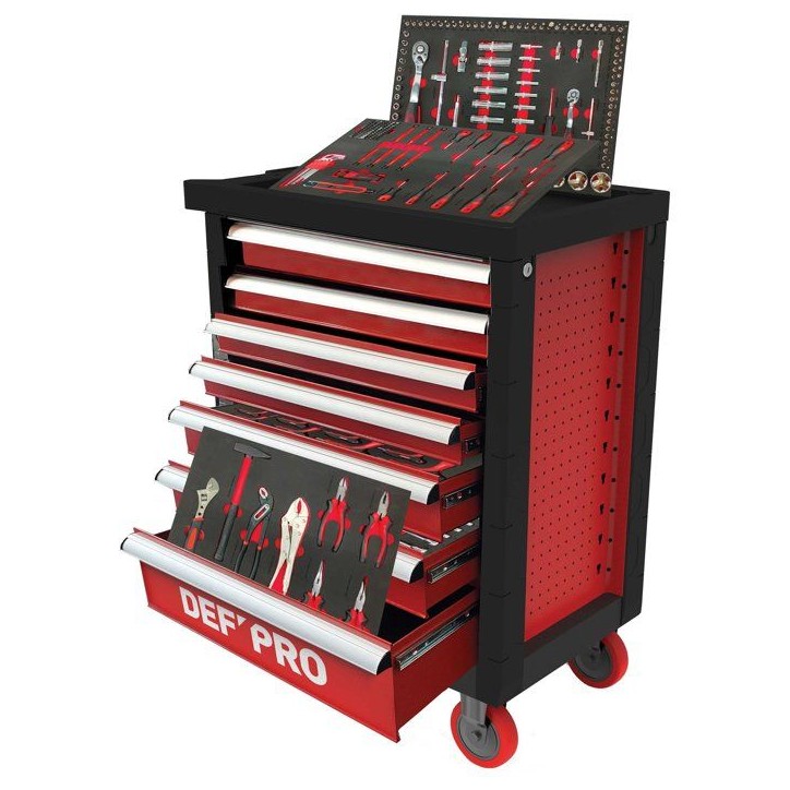 Servante d'atelier 7 tiroirs + 283 outils - Defpro - Noir/rouge - Charge 300 kg - Roues freinées