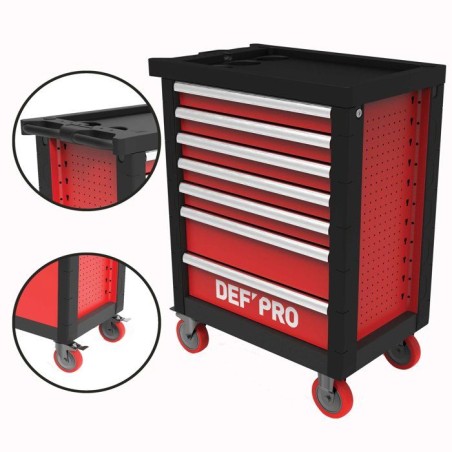 Servante d'atelier 7 tiroirs + 283 outils - Defpro - Noir/rouge - Charge 300 kg - Roues freinées