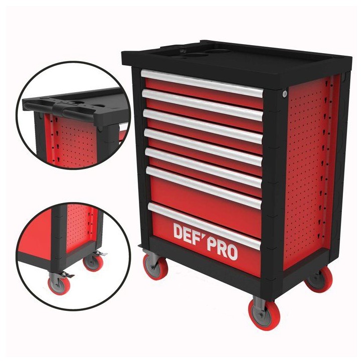 Servante d'atelier 7 tiroirs + 283 outils - Defpro - Noir/rouge - Charge 300 kg - Roues freinées